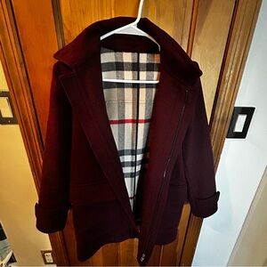 Burberry Kids Burgundy Pea Coat with Plaid Lining Size 14